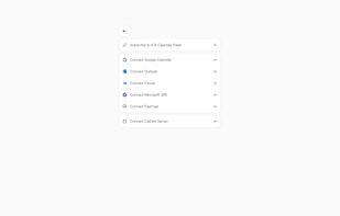The integrations panel where users can add calendar accounts (e.g. iCloud, Google Calendar, FastMail) that will be used to aggregate and push new events.
