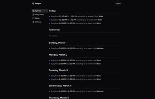 The main dashboard displaying upcoming busy/free time blocks aggregated from multiple calendars, organized by day.