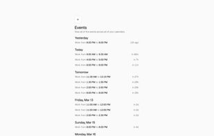The event feed displaying an agenda list view of events aggregated from multiple calendars, organized by day.