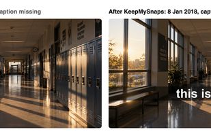 Left: a photo straight from Snapchat's export, dated the download day, caption missing. Right: the same photo after KeepMySnaps, real date back and caption drawn on.
