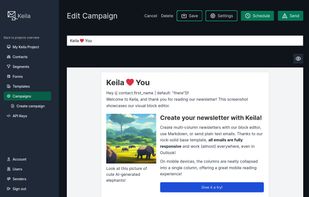 Keila has a visual editor for creating emails without coding skills.