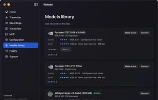Model library: Parakeet, Whisper and SenseVoice, downloaded on demand