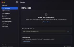 Transcribe local audio and video files or paste a YouTube link