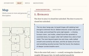 Map of a generated dungeon with accompanying description