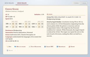 Generated statblock of a "Cheese Golem" in the 2024 statblock format