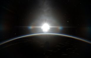 Sunrise in orbit around the home planet "Kerbin" (with visual mod "scatterer")
