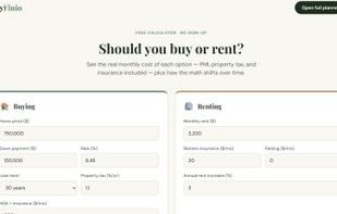 Side-by-side true cost comparison of buying vs renting over 1–15 years, with PMI, property tax, and equity factored in.