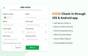 Self-service kiosk check-in interface for capturing visitor details with fast, secure, and contactless entry via iOS and Android devices.