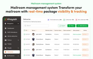Khayash mailroom management system enabling real-time package tracking, delivery status updates, and efficient handling of incoming and outgoing deliveries.