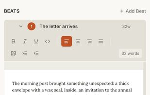 Beat as prompt — expand a beat, write your prose directly beneath it.
