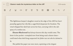 Draft beneath the scene's beats: each beat is a prompt, with the prose written right under it.