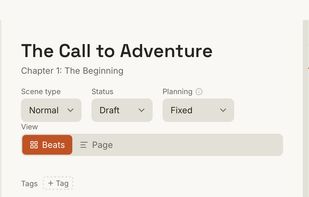 Scaffolded writing view — scene beats, synopsis, and references all visible while you draft.