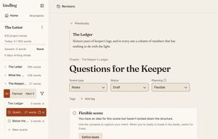 Rolling Outline: each scene is Fixed, Flexible or Undefined, and the chapter tree shows its planning state.
