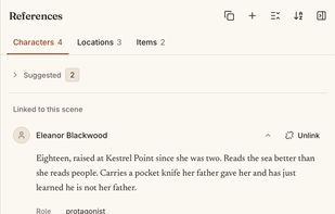 References panel: the characters, locations and items linked to a scene, beside the draft.