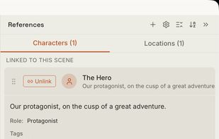 Auto-surfaced references — character details appear automatically alongside your prose.
