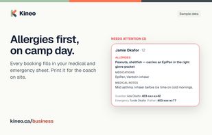 The camp-day sheet: allergies, medications and emergency contacts for every child.