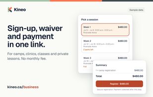 One link where families pick a session, sign the waiver and pay by card.