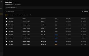 Invoice list with status tracking (Draft, Sent, Paid), search, filters, CSV export, and payment reminders.
