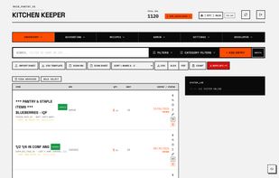 The main inventory station showing real-time SKU counts (1,120 items), unit pricing history, pack sizes, stock expiration tracking, and multi-format sheet exports (CSV, XLSX, PDF).
