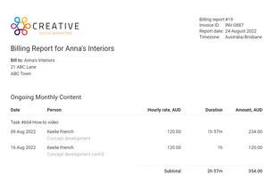 An example of an automatic billing report as created by todo.vu.