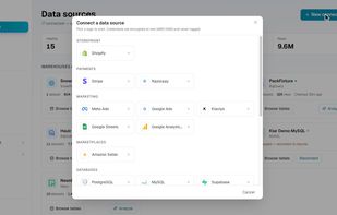 Connect warehouses, databases, payments, storefronts and ad platforms. Credentials are encrypted at rest with AWS KMS and never logged.