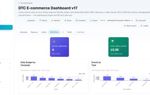 A dashboard generated automatically from connected sources, with every KPI labelled by the number of rows behind it.