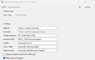 Choose method, AI model, target resolution and encoder — with built-in GPU temperature protection.
