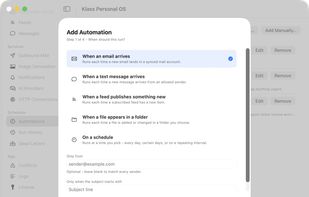 Choosing a trigger: an email, a text message, a feed item, a file, or a schedule