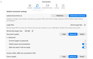 Conversion settings: PDF or editable notebook, large-file shrinking, comic quality
