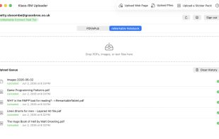 Mac main window: drop files or folders, send a web page, and see the upload queue