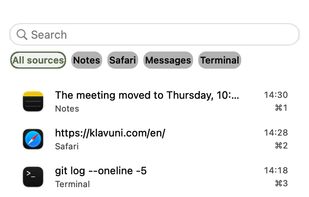 The ⇧⌘V clipboard panel: history with search, a type filter, pinning and preview