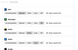 Per-app rules: Manual, Hints, Auto or Off for correction, and whether copies from the app are kept
