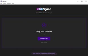 KlikSync main window: drop an XML exported from Adobe Premiere or DaVinci Resolve to start one-click multicam audio sync.