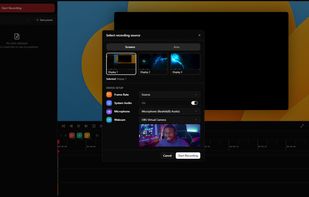 The recording source picker: choose your display, then set up microphone, system audio, and webcam before you hit Start Recording.