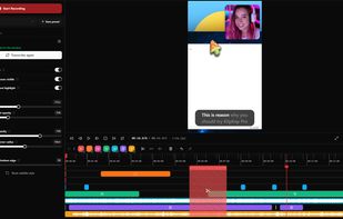 AI subtitles: transcribe locally, then fine-tune font size, word highlighting, background, and position, previewed live on the recording.