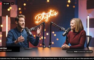 Sponsor banner and an always-on ticker running live over a podcast-style stream — no plugin, just one browser source.