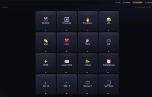 The full control deck: giveaways, sponsors, lower thirds, counters and hype effects, all fired manually from one 4×4 grid.