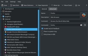 KMenuEdit with the Breeze Dark theme.