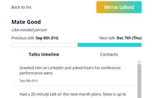 Person's page. There are Talks timeline and Contacts tabs. User can add a note about the talk with that person by "We've talked" button. Time left until the next touch date is displayed by the progress bar.