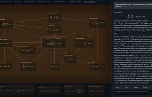 The Time-Independent Schrödinger Equation scene, with equations rendered in node bodies, the breadcrumb trail of scenes travelled, and the node's own AI conversation open on the right.