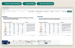 Side-by-side review: the original slide on the left, the sanitised version on the right. Every change is a tracked finding you can accept, restore or flag before download.