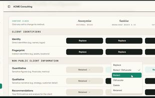 Treatment profiles let you set how each class of content is handled across three modes — Anonymise for internal reuse, Sanitise for knowledge bases and AI, Full Sanitise for external
  sharing and training.