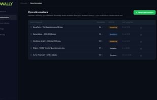 Track every incoming security questionnaire in one place — customer, format, question count, and progress.