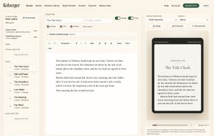 Book Studio: manuscript, outline, and a live ereader preview side by side.