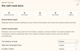 Import review: Koberger shows what it detected in your manuscript before you commit.