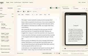 Editing a chapter with a live Kindle preview alongside. The left panel shows the book's structure; the right previews the formatted result page by page.