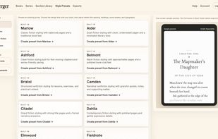 A selection of design presets. Each sets the typography, chapter openings, ornaments, and page details, and can be applied to a book as a starting point and then customised.