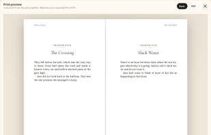 The print proof shows real facing pages from the actual print-ready PDF.