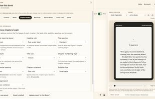 The design panel adjusts typography, chapter openings, matter, and page details for a book, with a live preview of the result. Presets are starting points rather than fixed templates.