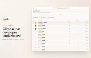 Developer leaderboard, filterable by agent, model and category.